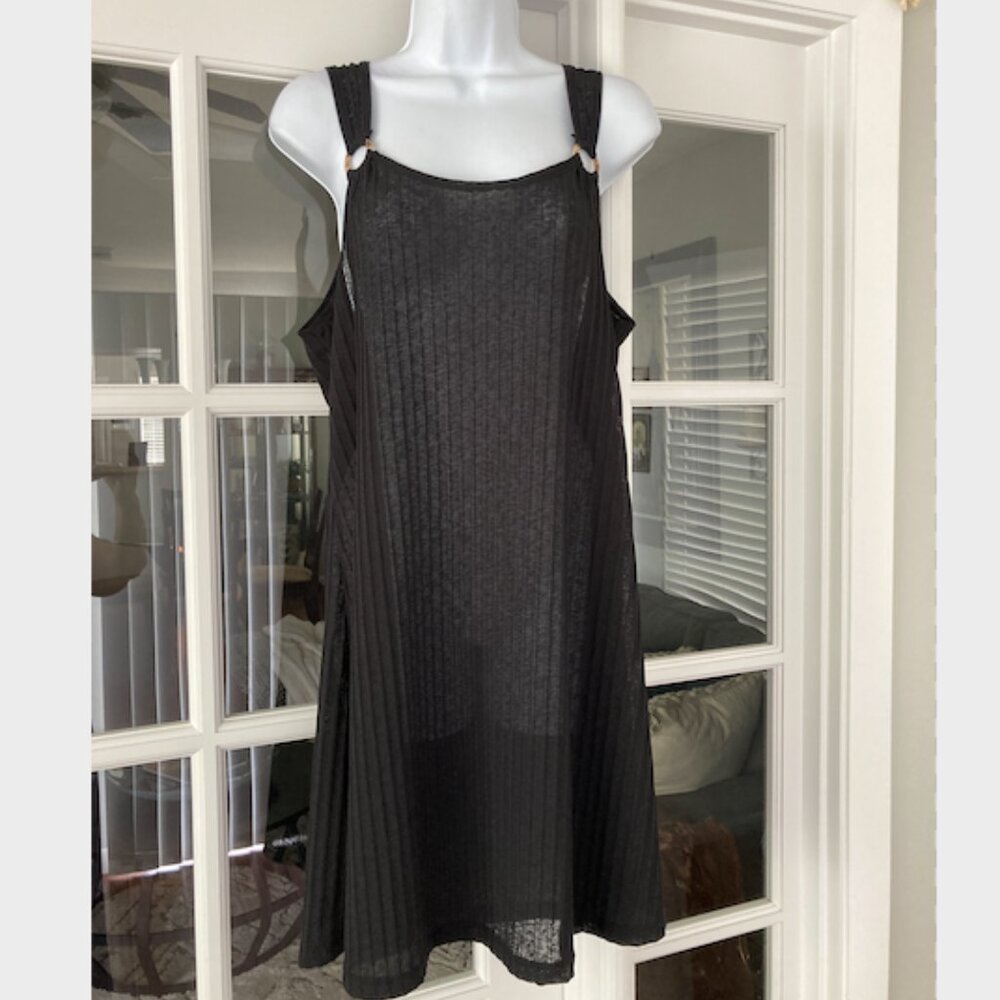 Pacific Beach Black Ribbed Semi Sheer Beach Cover Up Sleeveless Shift 1X